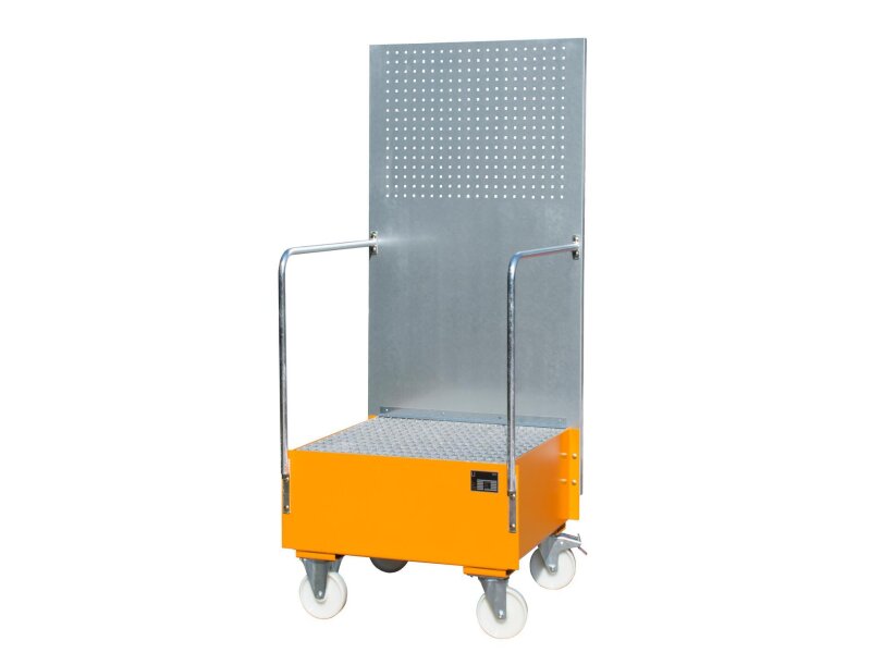 Fahrbare Auffangwanne LPW 200-1 mit Lochplattenwand – 1×200 l, 870×890×2110 mm, inkl. Schiebegriffe & Gitterrostt