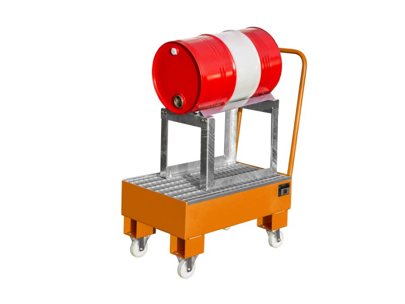 Fahrbare Auffangwanne AW 60-1 SRF max. 1x60l liegend 940x500x1075mm mit verzinkten Gitterrost und Fassauflage